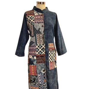 Vestido Largo de Algodón Azul Marino con Patchwork Estampado